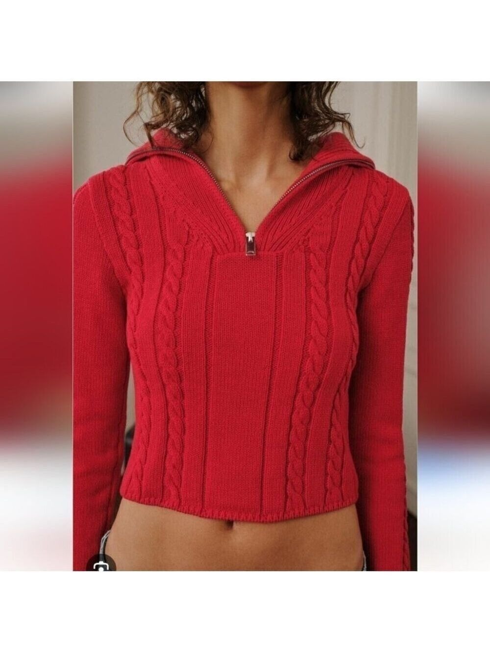 ZARA | RED CABLE KNIT JUMPER Half Zip Sweater HIGH NECK SIZE M